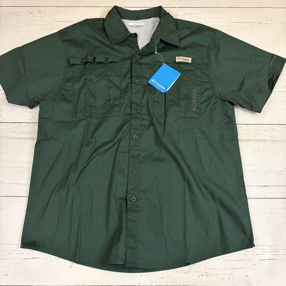 Columbia PFG Fishing Shirt Mens Small Green Short Sleeve Button-Up Outdoor